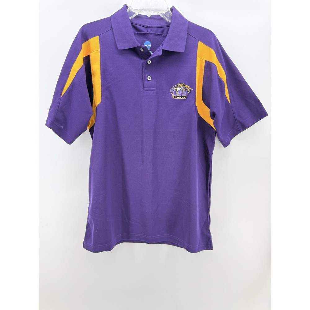 LSU TIGERS NCAA By KA Purple Polo Sz M Embroidered Logo Gold Accents‎ Gameday